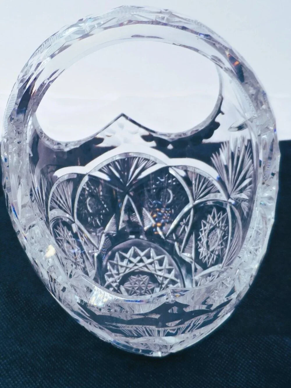 Bohemian Clear Lead Crystal Basket w/Handle Starburst Pinwheel Design 5.75